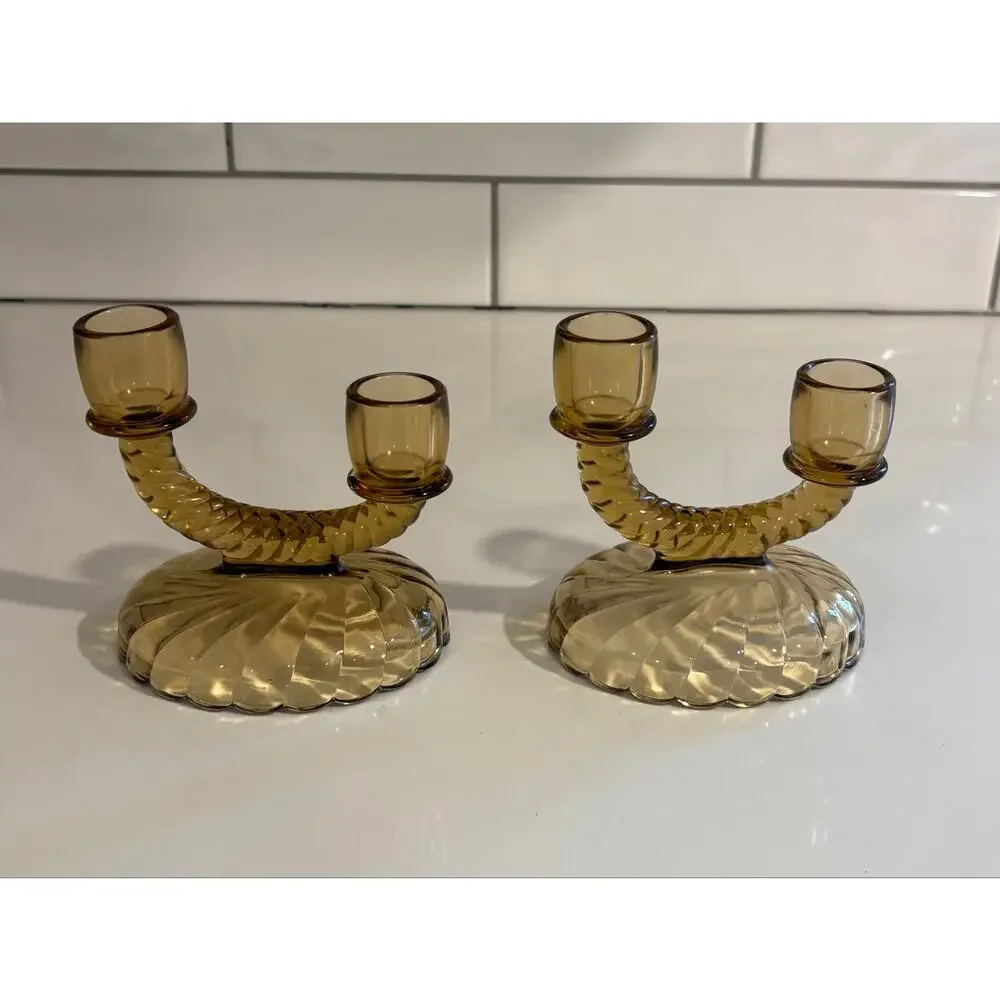 Pair of Vintage Brown Glass Candle Holders